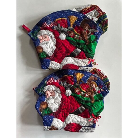 2 Jumbo Santa Claus Quilted Christmas Stocking Bell & Ribbon Oversized Giant Set - Picture 8 of 8